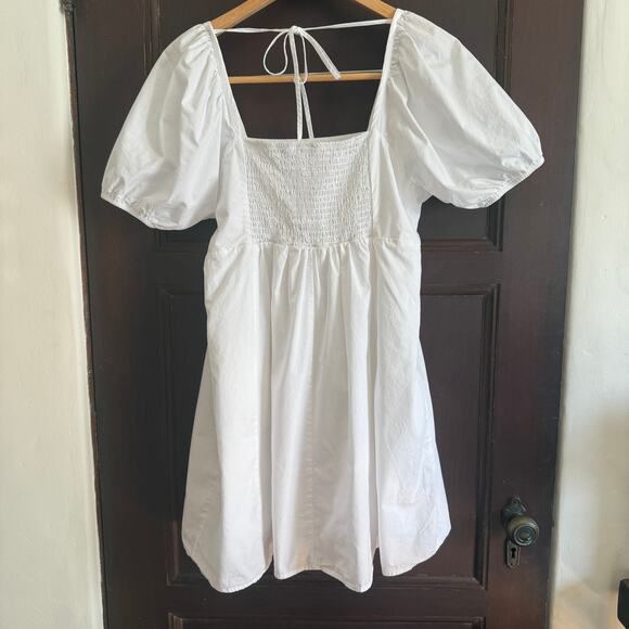 DRAPER JAMES | White Cotton Square Neck Puff Sleeve Mini Babydoll Dress | Small - Picture 5 of 5